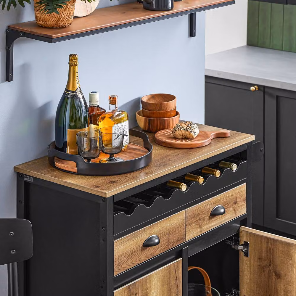 SoBuy Industrial Kitchen Trolley with Wine Rack and Storage in Brown and Black – 3