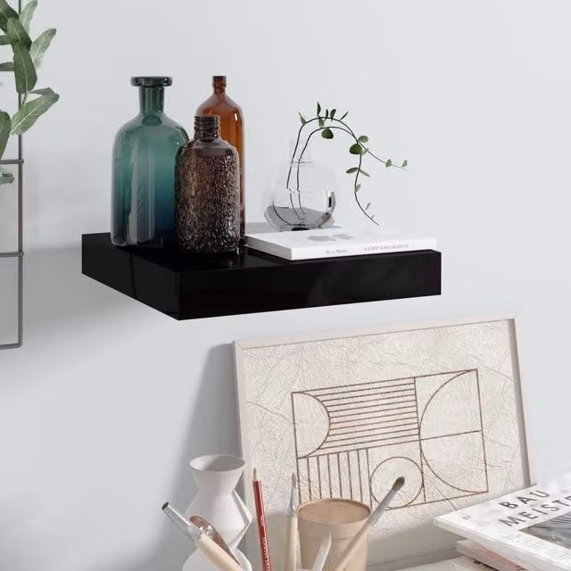 Berkfield Home Floating Wall Shelf in High Gloss Black, W/D/H: 23 x 23.5 x 3.8 cm
