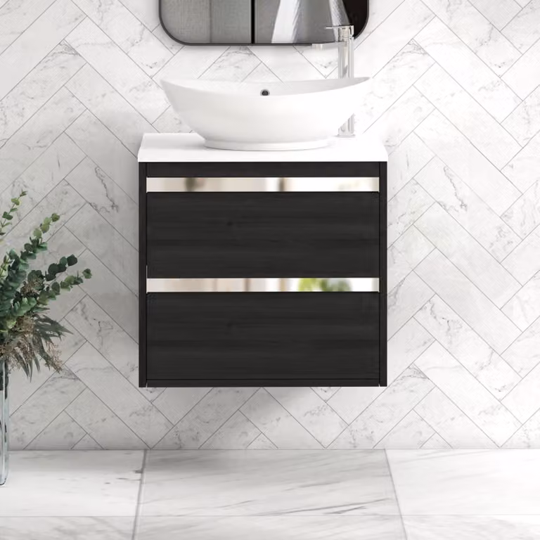 Royal Bathrooms Orion 600mm Hale Black Wall Hung Vanity Unit with Amaze Basin and 2 Drawers in Plain White and Chrome Accent Trim