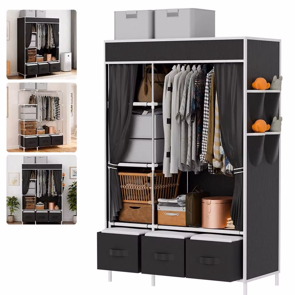 VOGREX Black Canvas Fabric Wardrobe Hanging Rail with Storage Shelf, H 163.0 cm x W 105.0 cm – 3