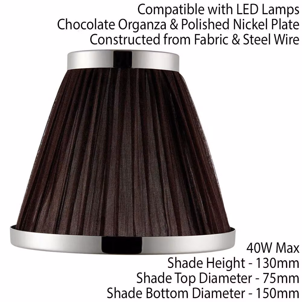 Loops 6 inch Round Tapered Luxury Lamp Shade in Brown Pleated Organza Fabric with Bright Nickel Metal Trim – 2