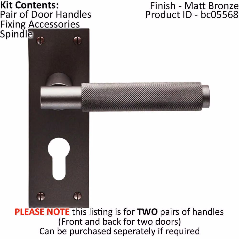 Loops 2x Pair Knurled Round Handles on Slim Euro Lock Backplate, Matt Bronze, W: 150 mm, H: 50 mm – 2