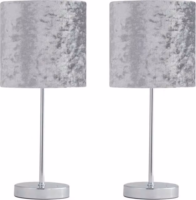 First Choice Lighting Set of 2 Chrome Stick Table Lamps with Grey Fabric Shades