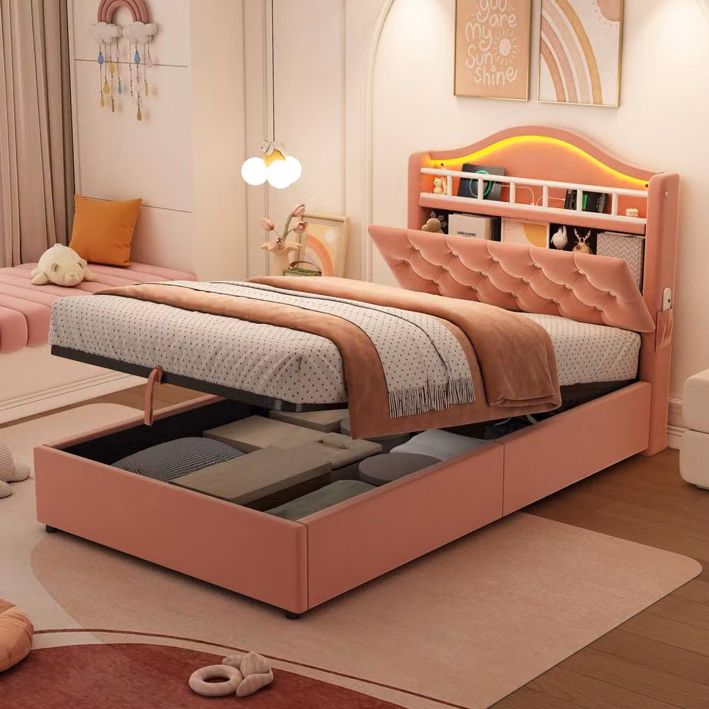 BTM Single Hydraulic Velvet Bed in Pink with LED Lighting and USB Charging Port, W/D/H: 90 x 190 x 93 cm – 2
