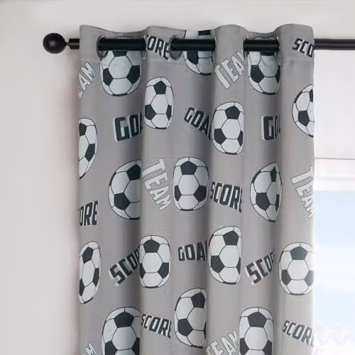 OHS Football Blackout Eyelet Curtain Panels for Kids Bedroom, Grey Thermal Insulated Microfibre Curtains, Width: 116 cm, Drop: 137 cm – 2