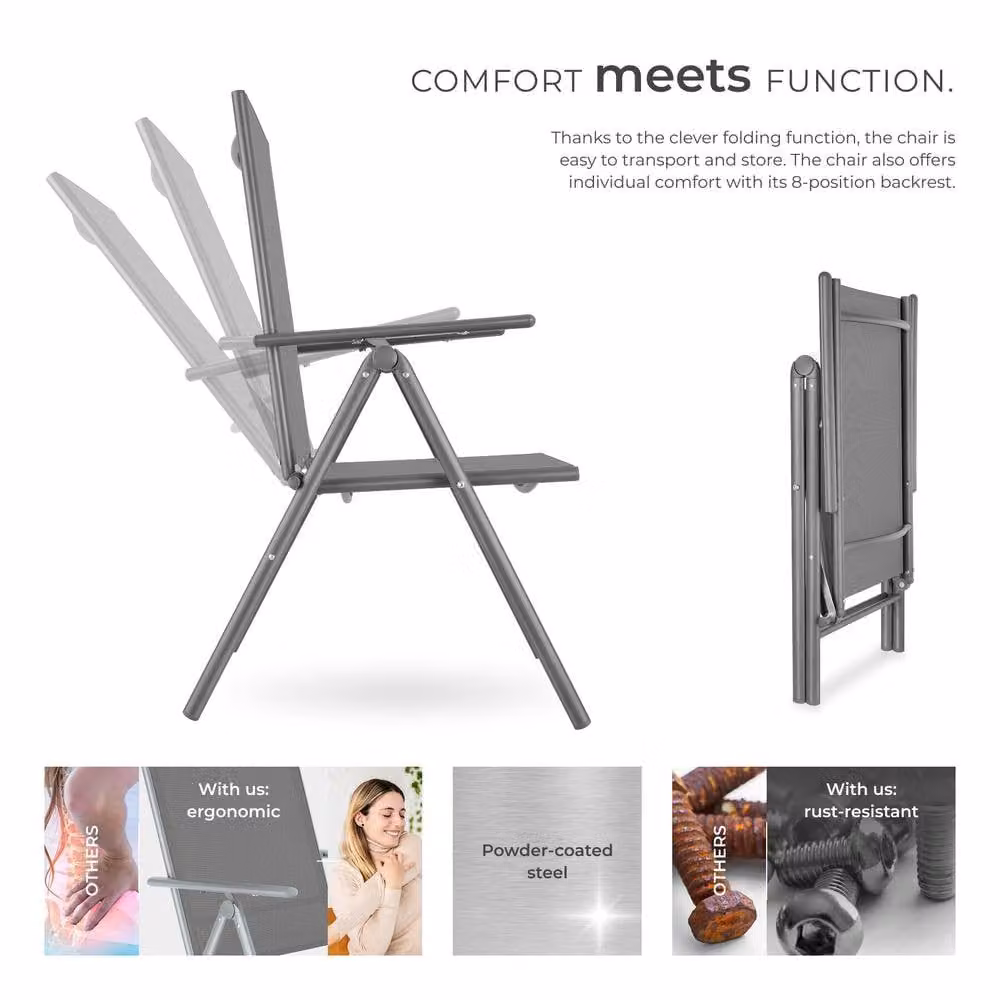 tectake 2 Seater Folding Garden Chairs with Adjustable Backrests and Armrests in Grey Mesh Fabric – 3