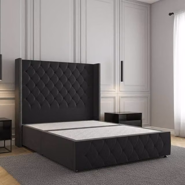 Regional Furnishings King Size Plush Velvet Divan Bed with 54 inch Headboard and Footboard in Black, W/D/H: 180 x 200 cm