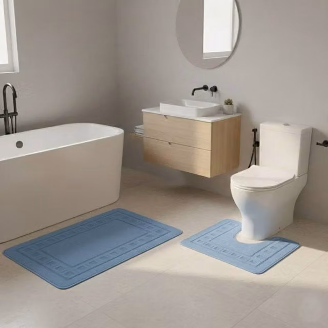 Snug City 2 Piece Box Design Bath Mat Set in Mid Blue, W/D: 50 x 80 cm