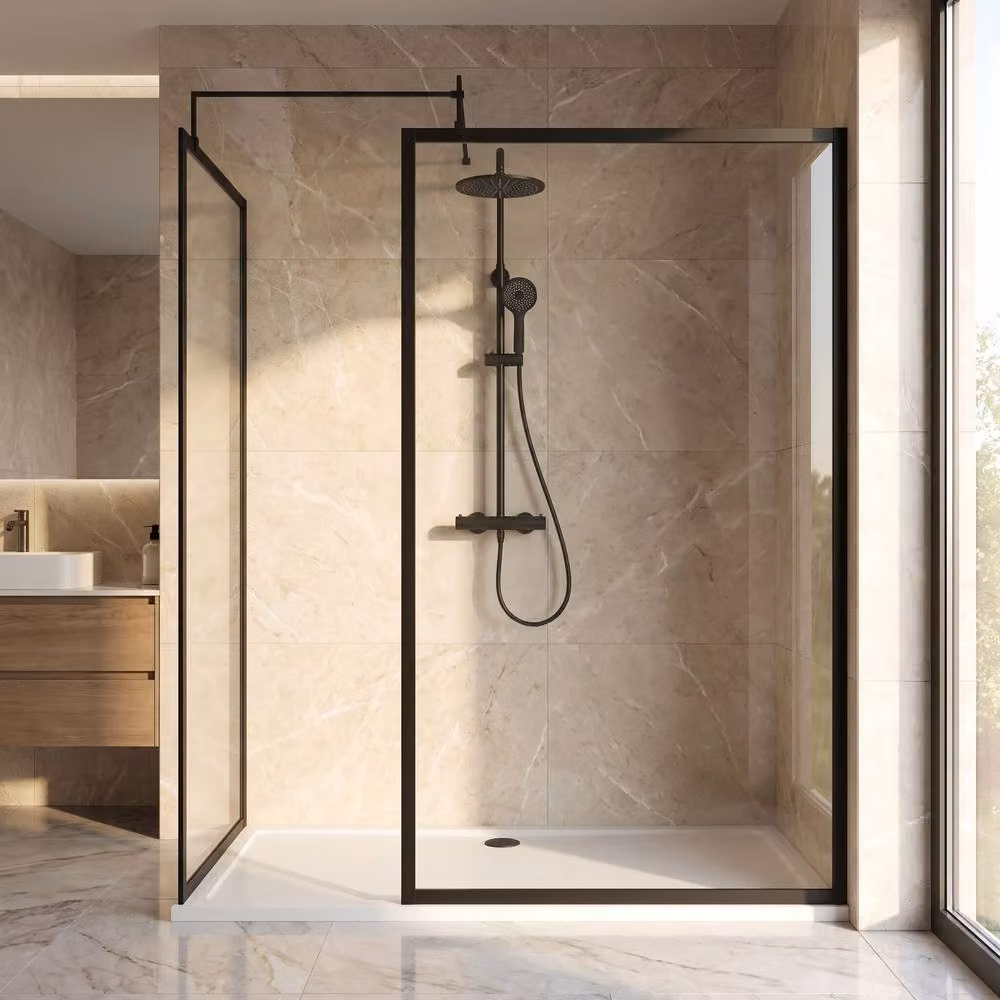 Balterley Framed Walk-In Wetroom Bundle with Rectangular Tray and Fixed Glass in Matt Black, W: 170 cm, D: 70 cm – 2