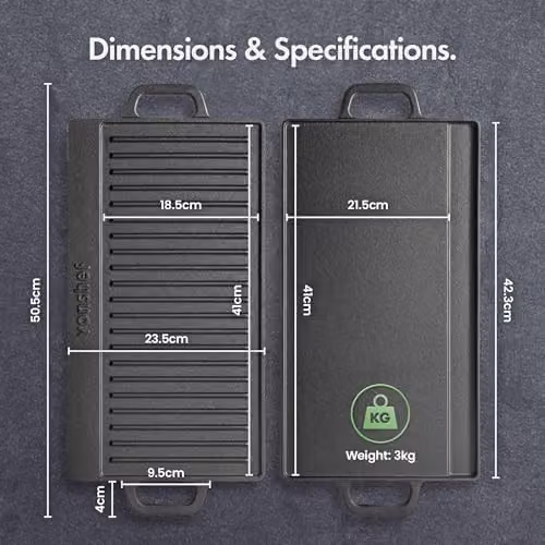 VonShef Reversible Cast Iron Griddle Pan, Black, Oven Safe – 2