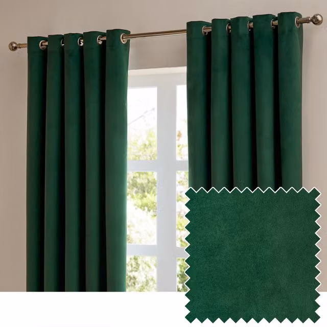 Make It A Home Set of 2 Emerald Green Velvet Blackout Eyelet Curtains, W: 137 cm, H: 168 cm
