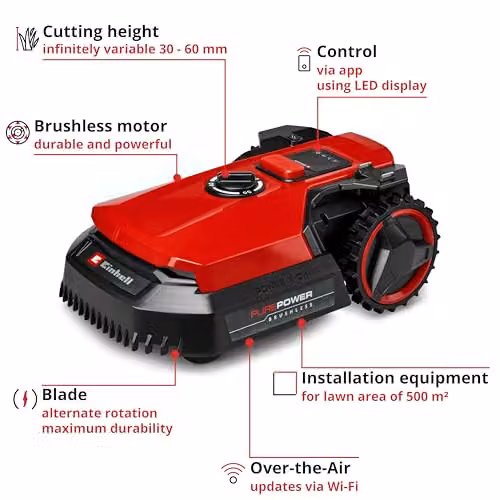 Einhell 18V Robot Lawnmower with Long-Life Rechargeable Power X-Change Battery and App Control, Black and Red – 3