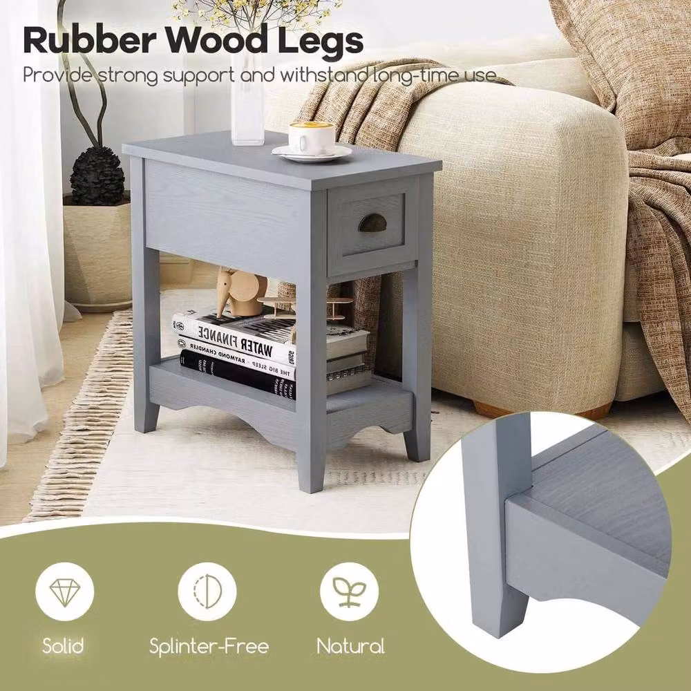 FORGEVIO Retro Rectangular Side Table and Nightstand with 1 Drawer, Grey – 3