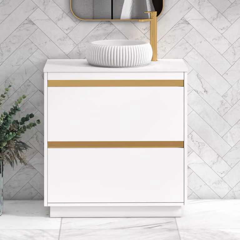 Royal Bathrooms Orion 800mm Matt White Floor Standing 2 Drawer Vanity Unit with Milan Basin and Brushed Brass Accent Trim