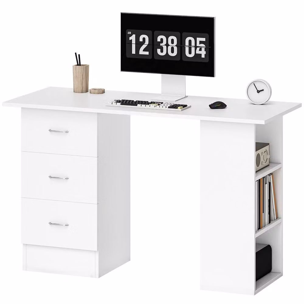 STILVORA Modern White Writing Desk with 3 Drawers and 3 Shelves – 4