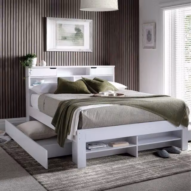 Bedmaster White Solid Wood Modern Bed with Drawers, 140 x 200 cm