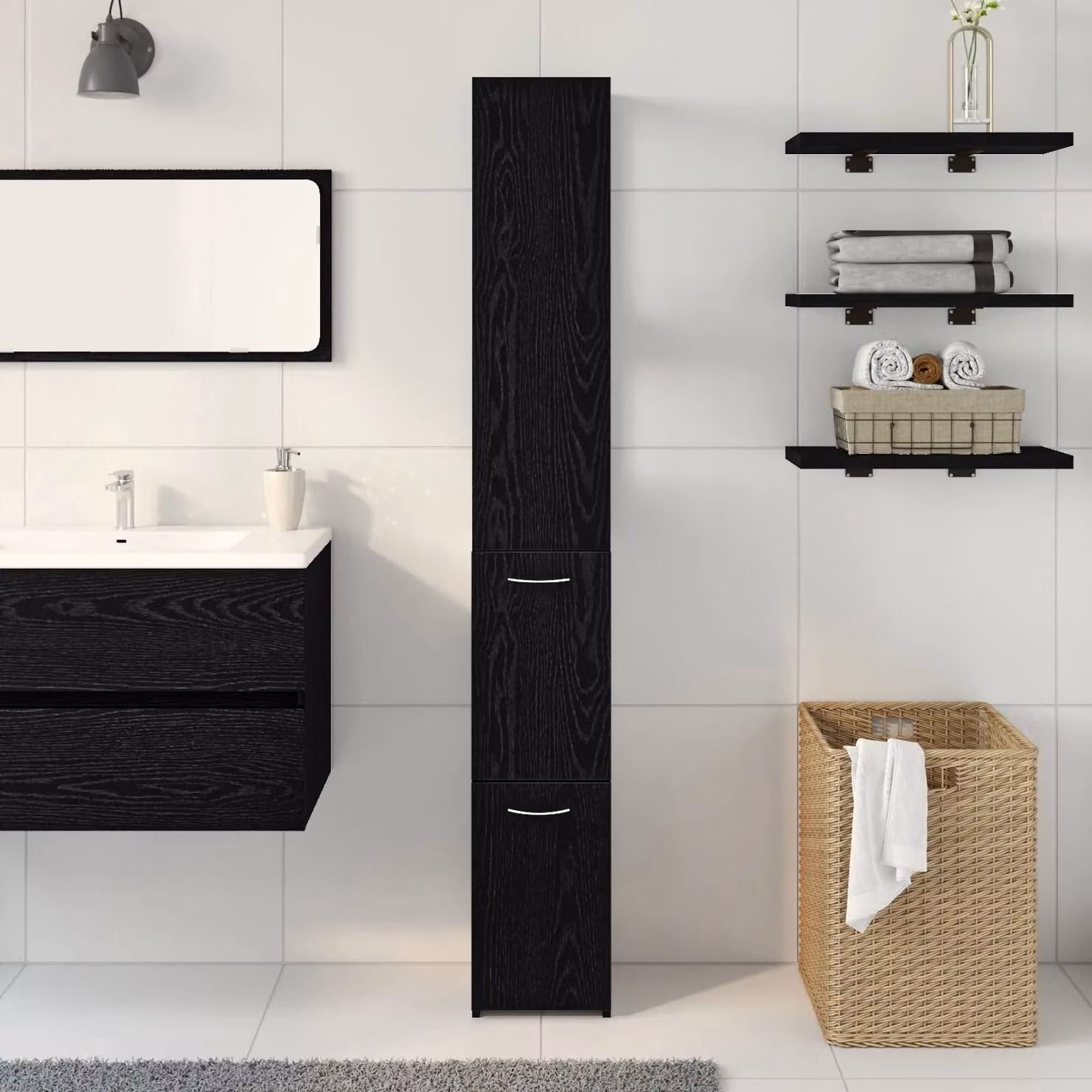 Berkfield Home Black Oak Modern Bathroom Cabinet with Hinged Doors and Internal Shelves, W/D/H: 25 x 25 x 170 cm – 3