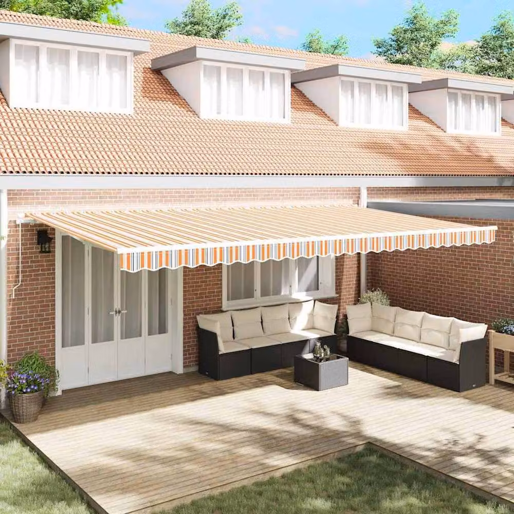 Berkfield Home Manual Retractable Folding Arm Awning in Multicolour Orange Stripe, W: 600 cm, D: 300 cm – 2