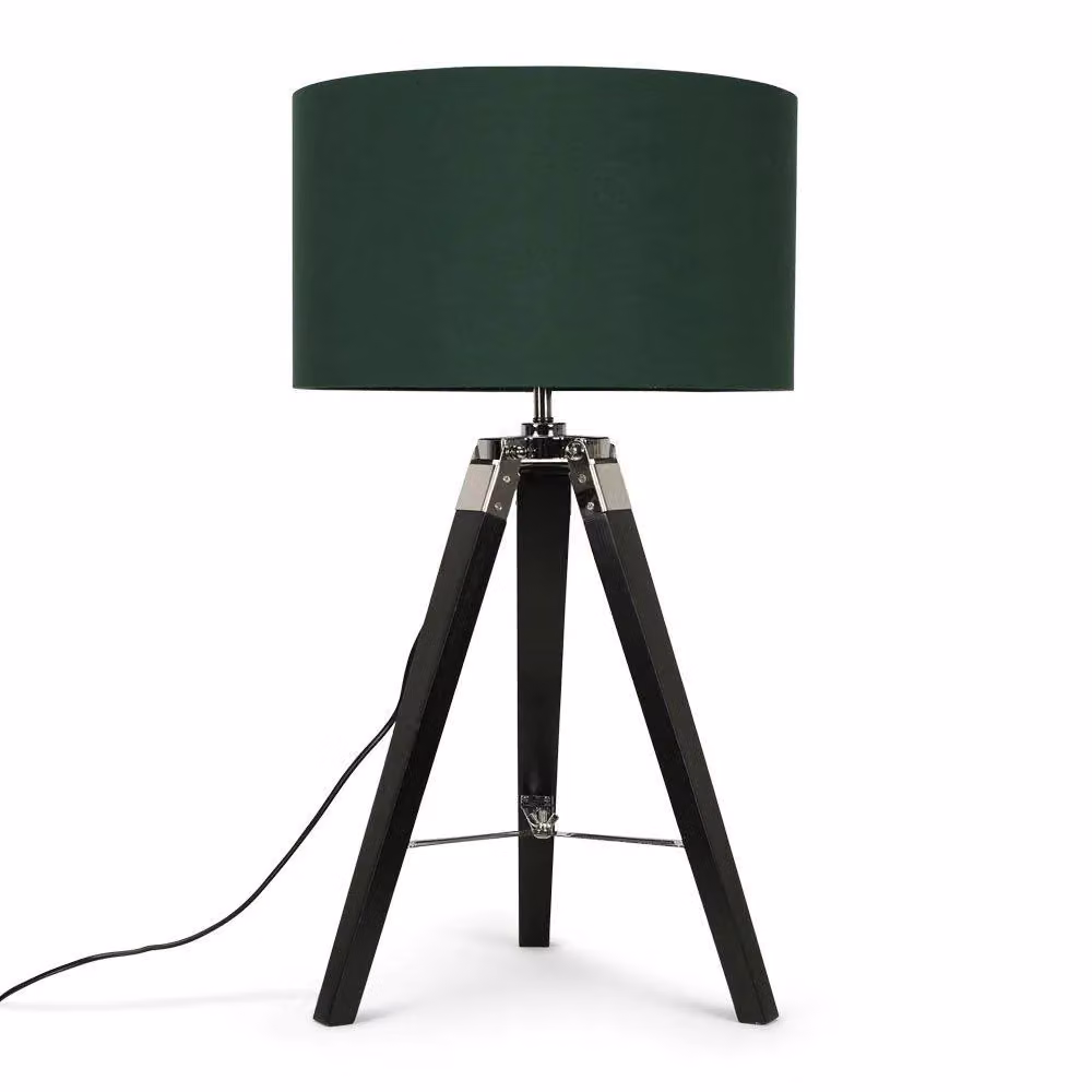 ValueLights Clipper Black Wood Tripod Table Lamp with Green Fabric Cylinder Shade – 2