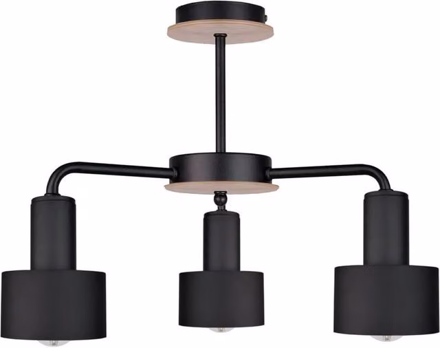 Netlighting Luce Multi Arm Semi Flush Ceiling Light in Black and Wood, 44cm, 3x E27
