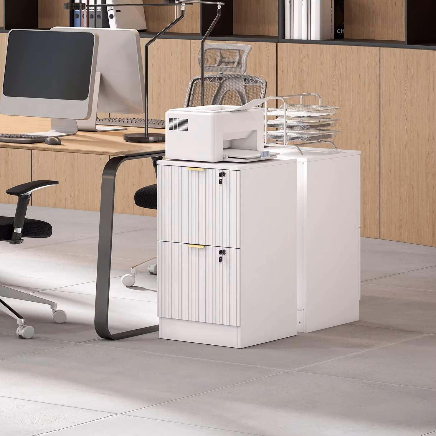 HOMCOM Modern Fluted Vertical Filing Cabinet with 2 Lockable Drawers and Hanging Rails, White and Gold – 3