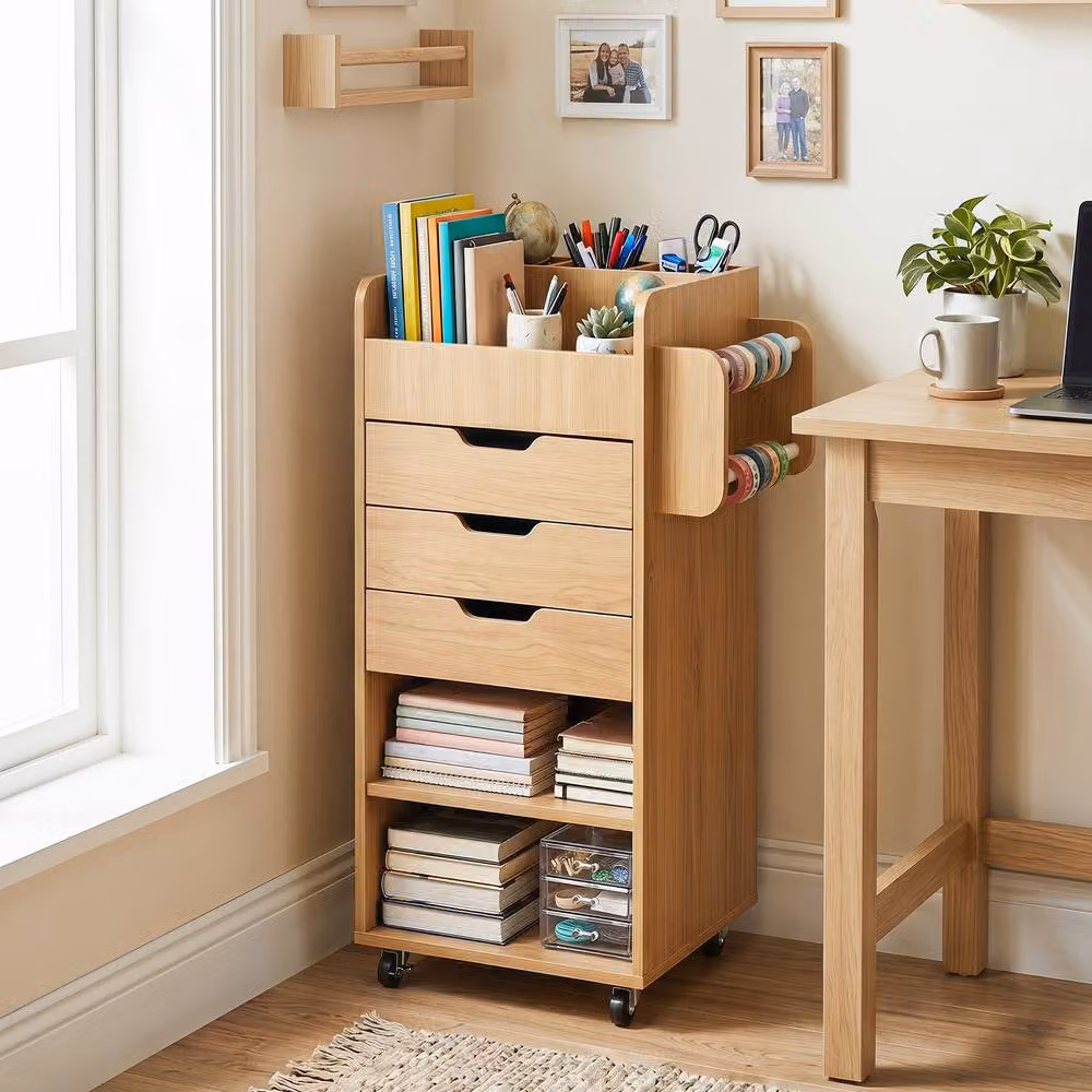 Costway Rolling Storage Cart Mobile Cabinet with 3 Drawers in Natural Wood and Metal Finish – 3