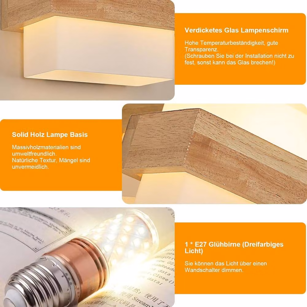 COMELY Modern Square Wooden Wall Light with Transparent Glass Shade, E27, Brown and White – 5