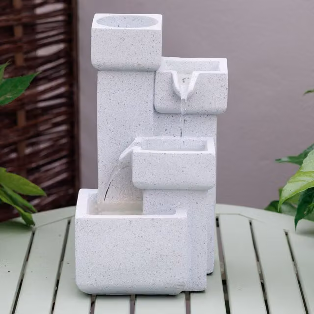 Primrose Modern Cascading Tabletop Water Feature with LED Lights in White