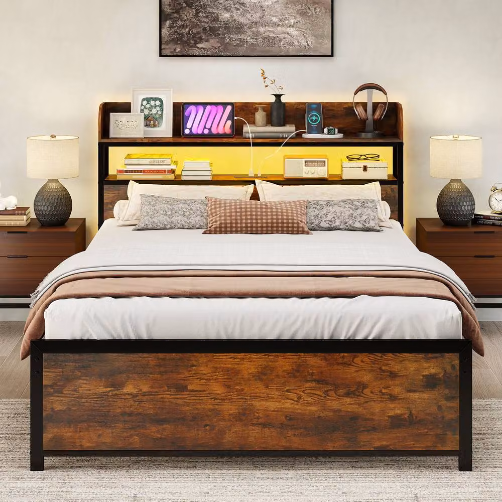 Costway Double Bed Frame in Brown with LED Lights, USB Charging Ports and Headboard, W/D/H: 140 x 200 cm – 8