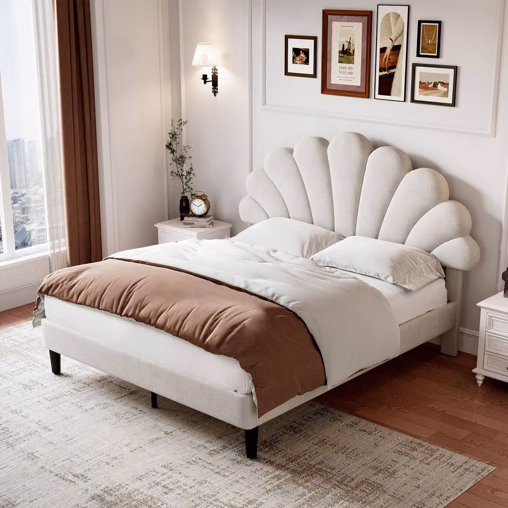 Rolipo Double Upholstered Velvet Bed Frame with Adjustable Headboard in Beige, W/D/H: 140 x 200 cm – 2