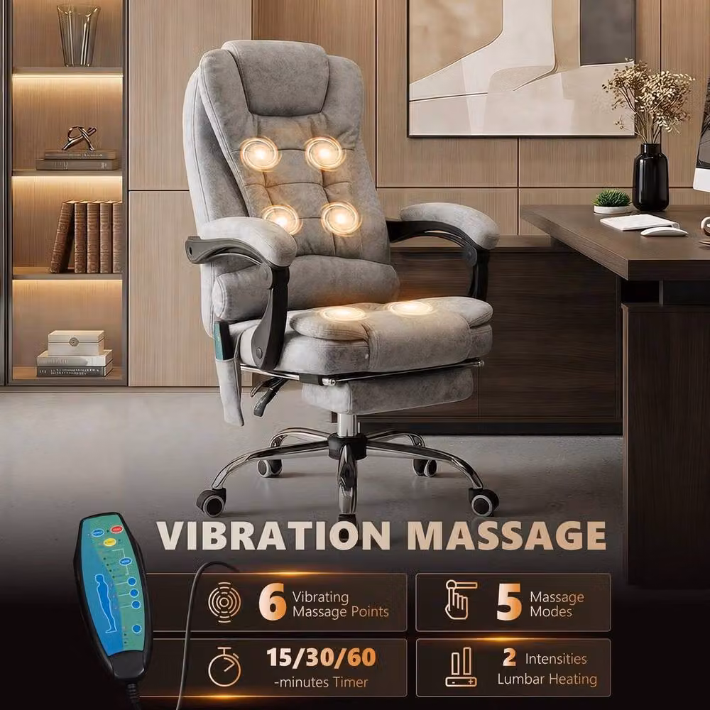 NESTLUNE Grey Heated 6-Point Vibration Massage Executive Office Chair with Headrest and Armrests – 5