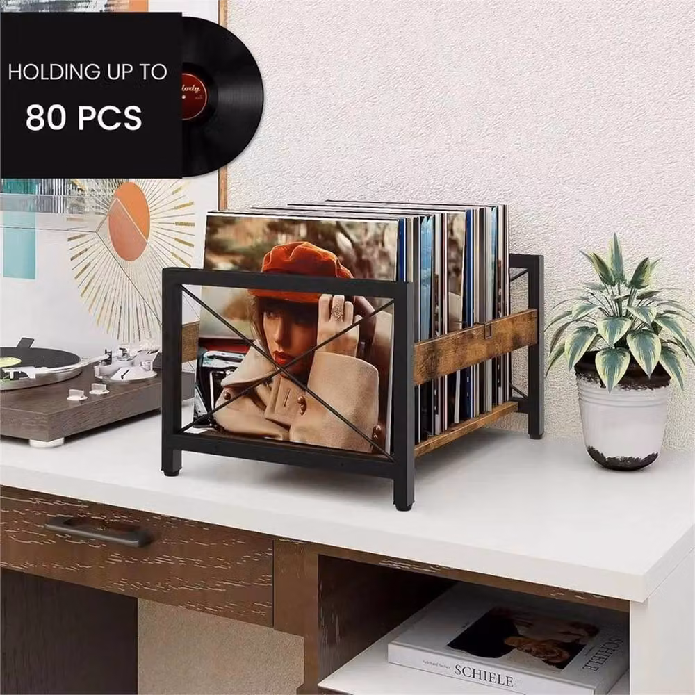 Nordara Brown Wood and Metal Retro Record Storage Holder and Album Organiser – 5