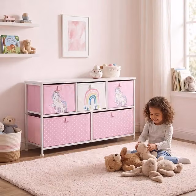 Liberty House Toys Kids 5 Drawer Storage Unit in Pink with Unicorn Design