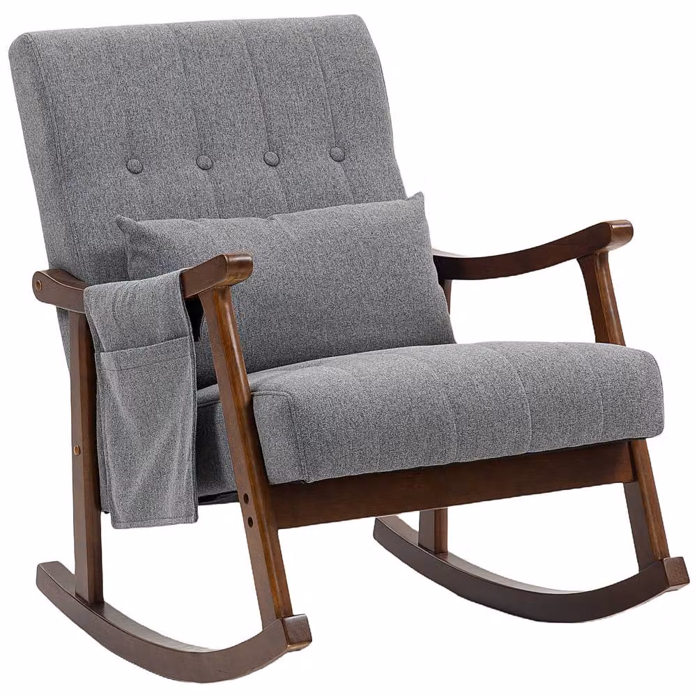 STILVORA Mid-Century Rocking Chair with Armrests and Side Pocket in Grey Fabric and Rubberwood Frame – 4