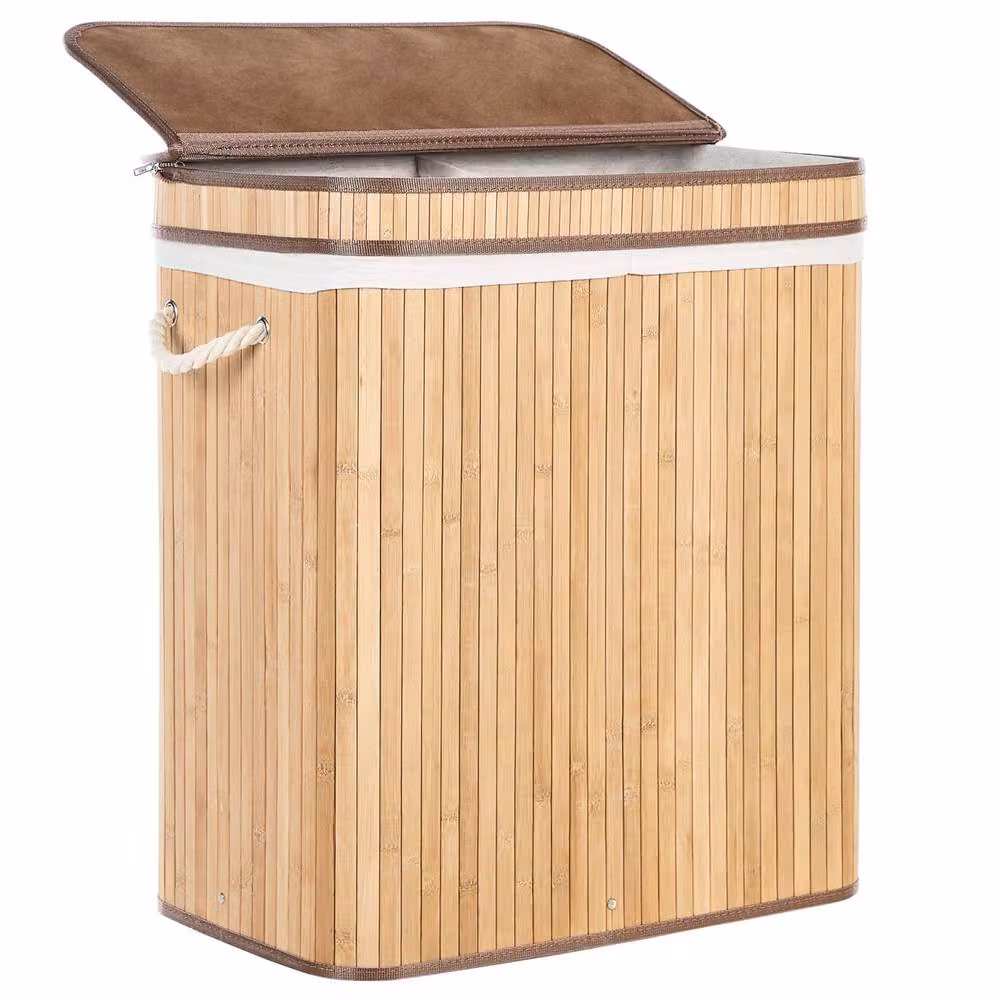 Wyld and Coco Bamboo Laundry Hamper with 2 Compartments and Zip Lid in Brown – 2