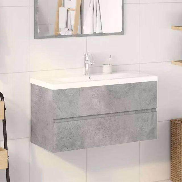 Berkfield Home 2 Piece Modern Wall Mounted Bathroom Vanity Unit Set in Grey and White Engineered Wood, W/D/H: 90.0 x 38.5 x 45.0 cm