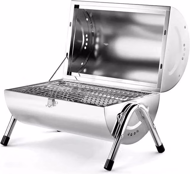 PAWNORA Portable Tabletop Barrel BBQ Charcoal Barbecue Grill in Silver, W/D/H: 42.0 x 27.0 x 25.0 cm – 1