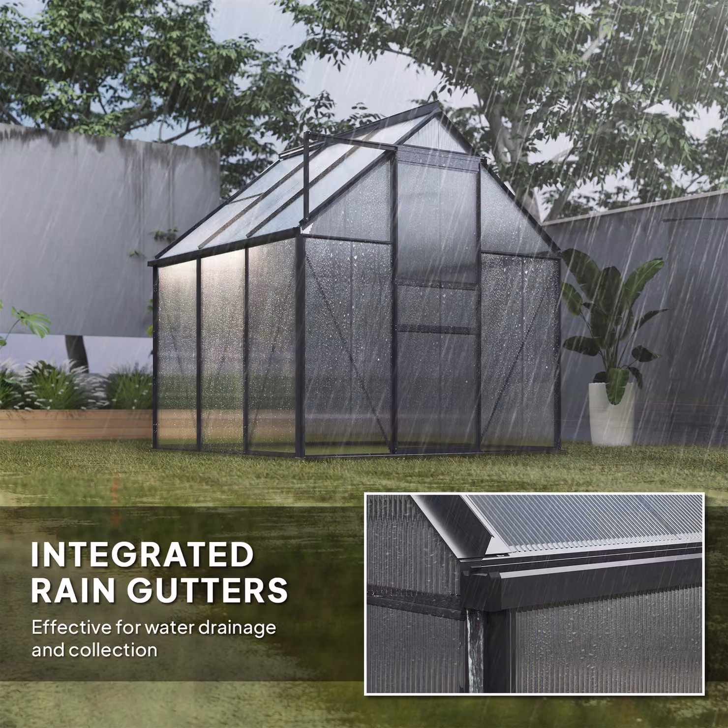 Outsunny Grey Walk-In Polycarbonate Greenhouse with Sliding Door and Rain Gutter, W/D/H: 190 x 190 x 200 cm – 6
