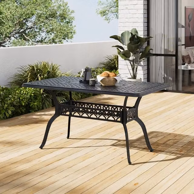 Breeins Black Powder Coated Aluminium Rectangular Garden Table with Parasol Hole, Width: 150 cm