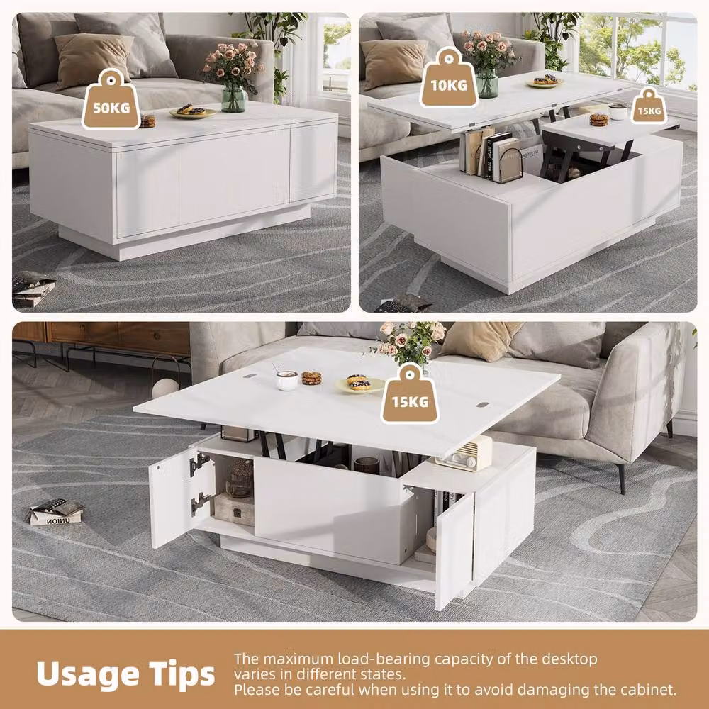 BTM White Lift-Top Coffee Table with Storage, W: 100 cm, D: 50 cm, H: 55 cm – 4