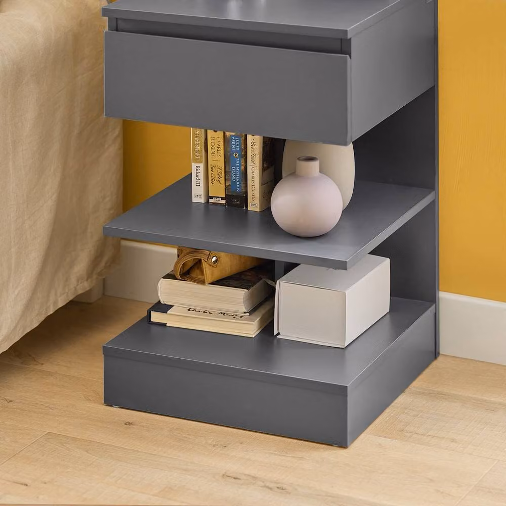 SoBuy Modern Grey Bedside Table with Side Compartments and Glass Shelves, W/D/H: 35 x 39 x 65 cm – 4