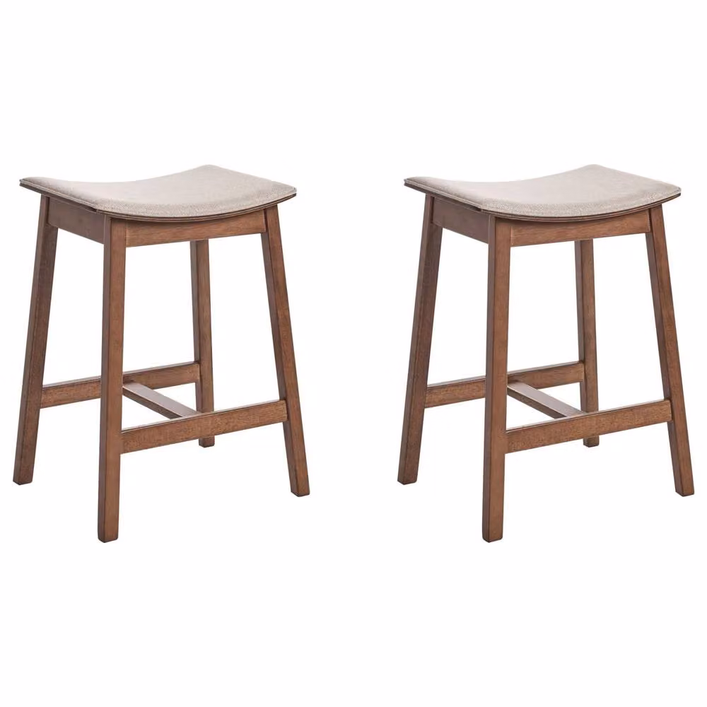 Wyld and Coco Set of 2 Backless Bar Chairs with Beige Polyester Upholstery and Dark Brown Rubberwood Frames – 2