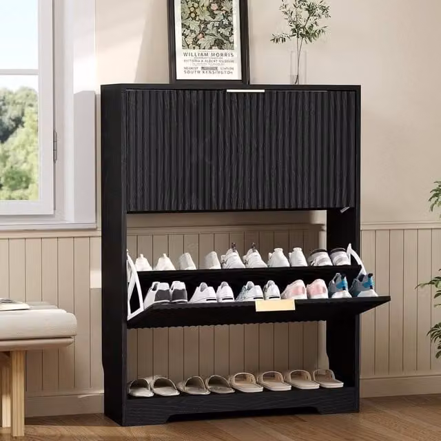 KORVIXA Black Minimalist Tilt-out Shoe Cabinet with Push-to-Open Doors and Internal Shelves, W/D/H: 100 x 100 x 100 cm – 1