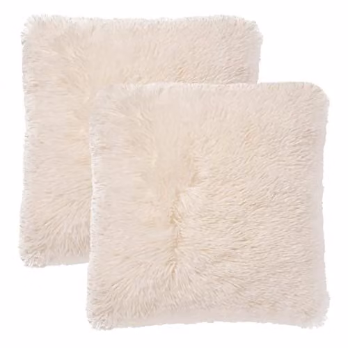 Sienna Pack of 2 Fluffy Shaggy Square Cushion Covers, Beige, W/D/H: 45 x 45 x 45 cm