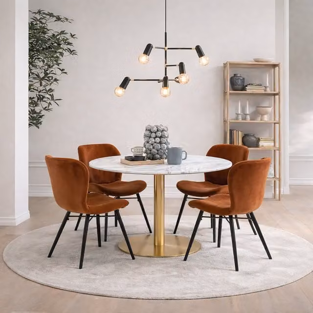 Furniture To Go Corby Round White Marble Dining Table with Gold Base and 4 Batilda Copper Chairs
