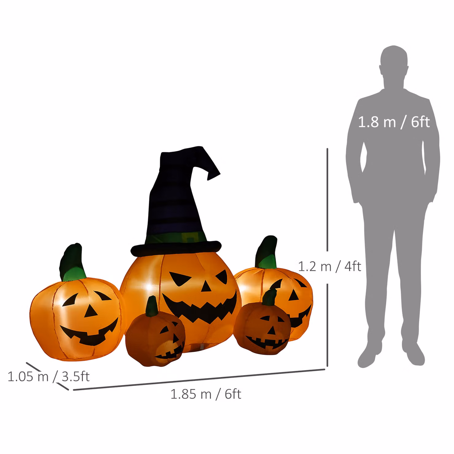 Outsunny 6ft Inflatable Halloween Large Pumpkin in Hat with Four Small Pumpkins, Orange LED Blow-Up Outdoor Decoration – 3