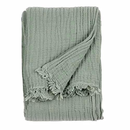 Riva Home Yard Lark Woven Cotton Muslin Throw with Fringes, Green, W/D/H: 240 x 260 cm