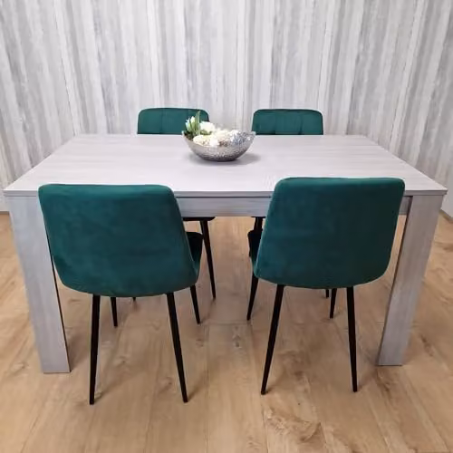 Kosy Koala Modern Dining Table and 6 Green Velvet Chairs Set with Light Grey Rectangular Table, W/D/H: 140 x 80 x 75 cm