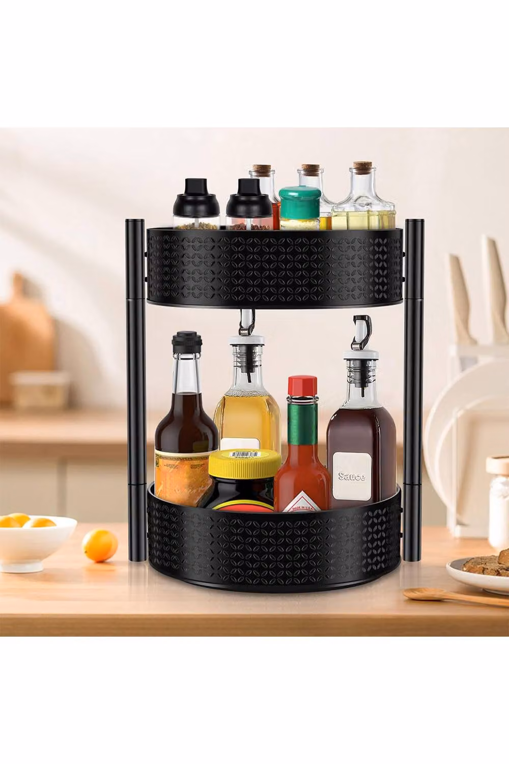 Living and Home 2-Layer 360 Degree Rotating Metal Spice Rack and Kitchen Ingredient Storage Shelf in Black – 2