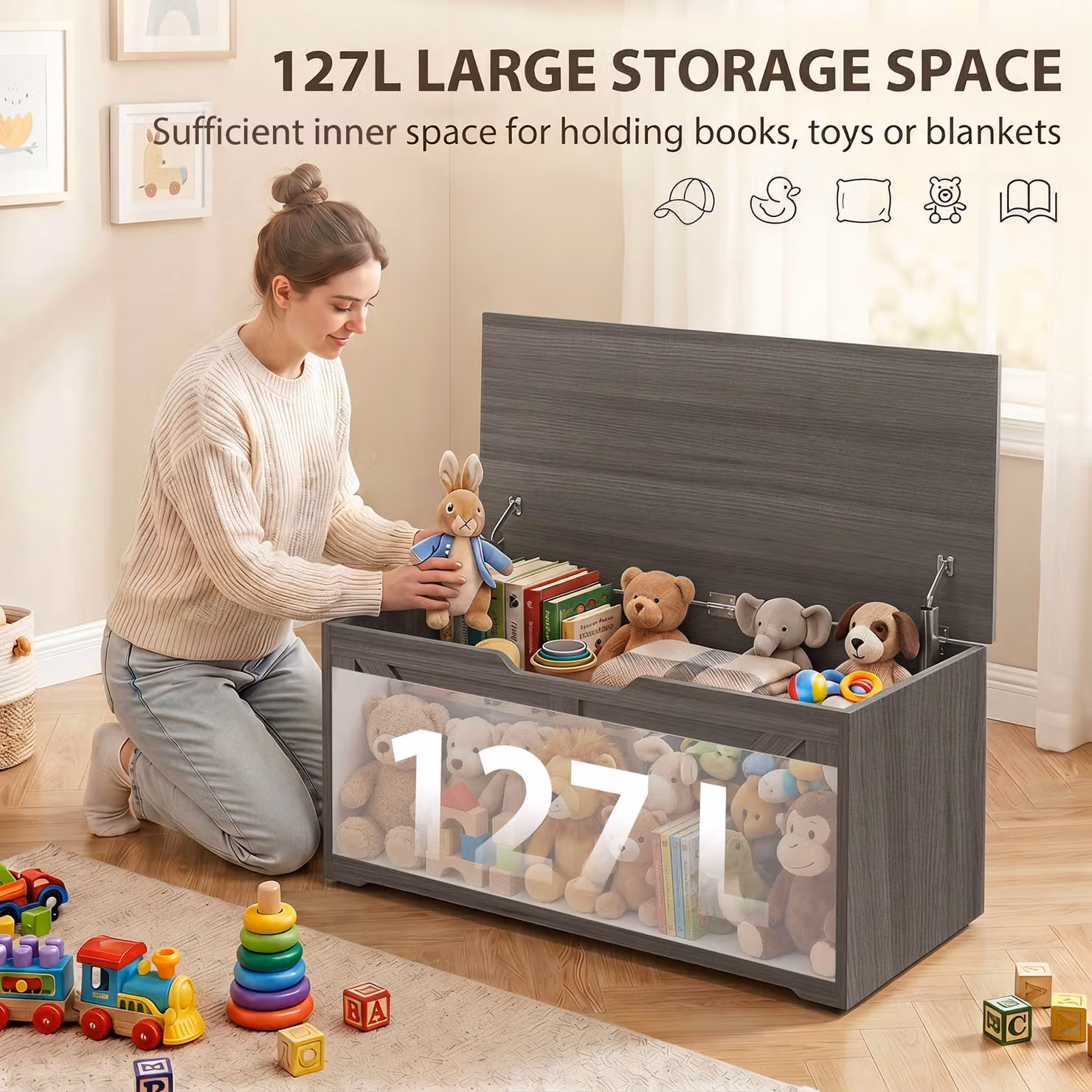 HOMCOM 127L Home Storage Box with Soft-Close Safety Hinges in Dark Grey Wood-Effect – 3